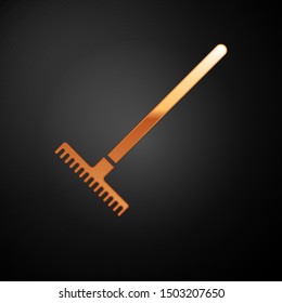 Gold Garden rake icon isolated on black background. Tool for horticulture, agriculture, farming. Ground cultivator. Housekeeping equipment.  Vector Illustration