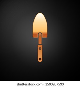 Gold Garden trowel spade or shovel icon isolated on black background. Gardening tool. Tool for horticulture, agriculture, farming.  Vector Illustration