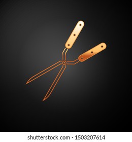 Gold Gardening handmade scissors for trimming icon isolated on black background. Pruning shears with wooden handles.  Vector Illustration