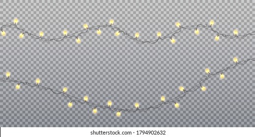 Gold garland bulbs isolated on transparent background. Christmas lights. Glowing gold garland for Xmas Holiday cards, banners, posters, web design. Vector illustration