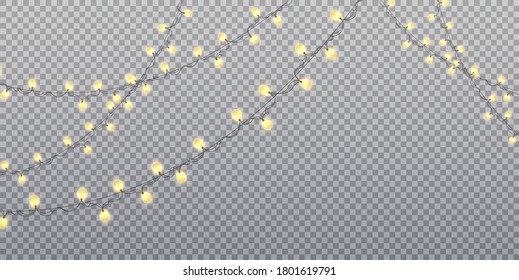 Gold garland bulbs isolated on transparent background. Christmas lights. Glowing gold garland for Xmas Holiday cards, banners, posters, web design. Vector illustration