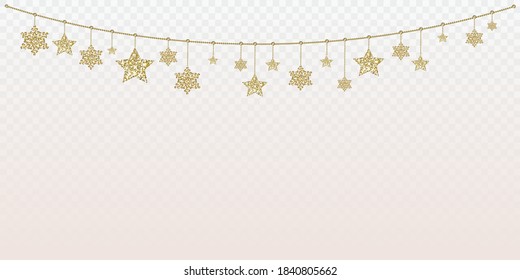 Gold garland in grunge style on a white transparent background. Element for festive winter design.