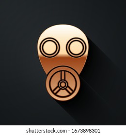 Gold Gas mask icon isolated on black background. Respirator sign. Long shadow style. Vector Illustration
