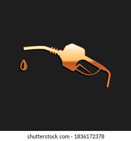 Gold Gasoline pump nozzle icon isolated on black background. Fuel pump petrol station. Refuel service sign. Gas station icon. Long shadow style. Vector.
