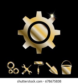 Gold Gear Or Cog Wheel Vector Icon. Machine, Technology, Equipment, Engine, Mechanism Sign. Idea, Settings, Development Progress Symbol Isolated