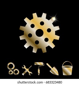 Gold Gear Or Cog Wheel Vector Icon. Machine, Technology, Equipment, Engine, Mechanism Sign. Idea, Settings, Development Progress Symbol Isolated