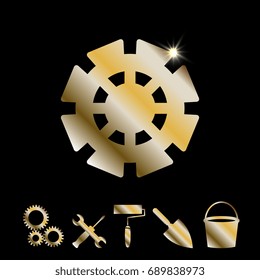 Gold Gear Or Cog Wheel Vector Icon. Machine, Technology, Equipment, Engine, Mechanism Sign. Idea, Settings, Development Progress Symbol Isolated