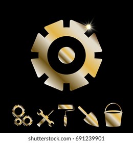 Gold Gear Or Cog Wheel Vector Icon. Machine, Technology, Equipment, Engine, Mechanism Sign. Idea, Settings, Development Progress Symbol Isolated