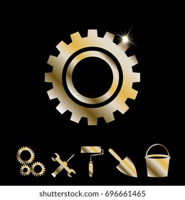 Gold Gear Or Cog Wheel Vector Icon. Machine, Technology, Equipment, Engine, Mechanism Sign. Idea, Settings, Development Progress Symbol Isolated