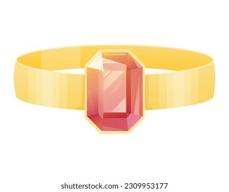Gold gem engagement ring with realistic gemstone. Vector isolated cartoon treasure with red glowing ruby.
