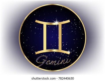 Gold Gemini zodiac constellations sign on beautiful starry sky with galaxy and space behind. Gemini horoscope symbol on deep cosmos background. Vector isolated