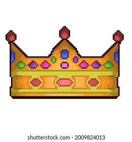 Gold and Gems Crown Vector Pixel Art Cartoon,Isolated on White Background