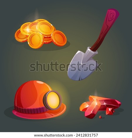 Gold and gemstone mine game icons. Cartoon vector set of gui assets of treasure miner - pile of golden coins and red shiny gems or diamond crystal, shovel with wooden handle and helmet with lamp.