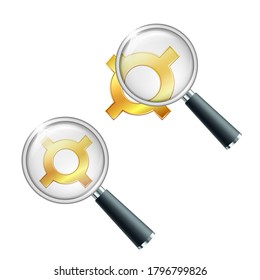 Gold Generic currency symbol with magnifying glass.