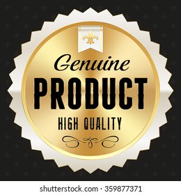Gold genuine product badge with white border on black background