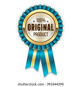 Gold genuine product rosette, badge with light-blue ribbon on white background