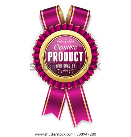 Gold genuine product rosette, badge with purple ribbon on white background