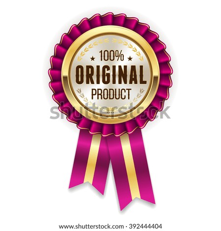 Gold genuine product rosette, badge with purple ribbon on white background