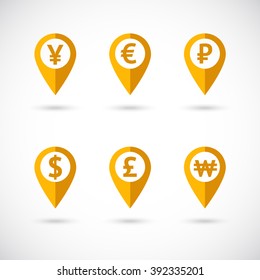 Gold geolocations signs with world currency symbols.  Gold flat icons currency money set.