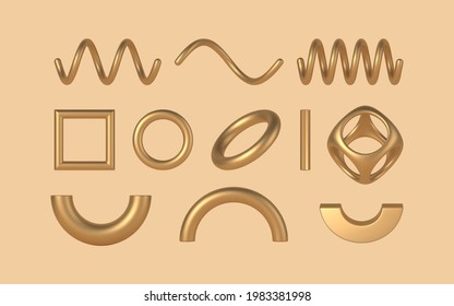 Gold geometric 3d shapes and design elements vector template set. Winding spirals wire with square and round torus frames. Scandinavian minimalist jewelry for creative fashion compositions.