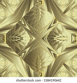 Gold geometric 3d vector seamless pattern. Ornamental golden modern background. Geometrical repeat silk backdrop. Abstract geometry shapes, lines, stripes, fractals, greek key meanders ornament.