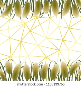 Gold geometric background with miscanthus in watercolor style. Luxury square mock up, template for greeting, birthday cards, invites, covers and posters.