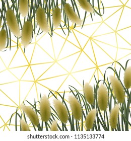 Gold geometric background with miscanthus in watercolor style. Classic square mock up, template for greeting, birthday cards, invites, covers and posters.