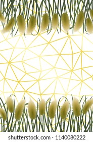 Gold geometric background with miscanthus in watercolor style. A4 mock up, template for greeting, birthday cards, invites, covers and posters.