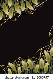 Gold geometric background with miscanthus in watercolor style. A4 mock up, template for greeting, birthday cards, invites, covers and posters.