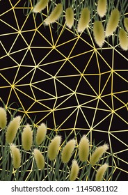 Gold geometric background with miscanthus in watercolor style. A4 mock up, template for greeting, birthday cards, invites, covers and posters.