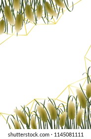 Gold geometric background with miscanthus in watercolor style. A4 mock up, template for greeting, birthday cards, invites, covers and posters.