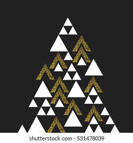 Gold geometric Christmas tree symbol. Isolated on black. Vector template for holiday designs.