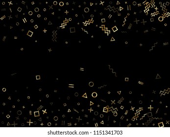 Gold geometric confetti vector memphis style background with triangle, circle, square shapes, chevron and wavy line ribbons. Glowing 90s style memphis gold sparkle party confetti on black.