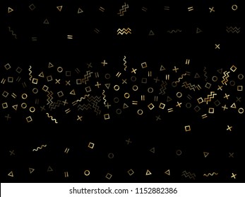 Gold geometric confetti vector memphis style background with triangle, circle, square shapes, chevron and wavy line ribbons. Magic 90s style memphis gold yellow sparkle party confetti on black.
