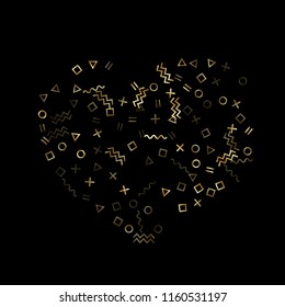 Gold geometric confetti vector memphis style background with triangle, circle, square shapes, zigzag and wavy line ribbons. Glossy 90s style bauhaus gold tinsel confetti flying on black.
