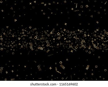 Gold geometric confetti vector memphis style background with triangle, circle, square shapes, chevron and wavy line ribbons. Trendy 80s style bauhaus gold glitter party confetti on black.