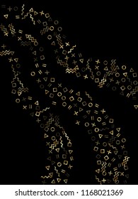 Gold geometric confetti vector memphis style background with triangle, circle, square shapes, zigzag and wavy line ribbons. Festive 80s style bauhaus gold yellow sparkle confetti flying on black.