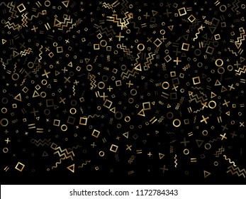 Gold geometric confetti vector memphis style background with triangle, circle, square shapes, chevron and wavy line ribbons. Tinsel 90s style bauhaus gold yellow tinsel confetti flying on black.