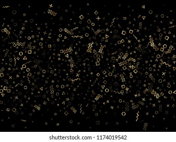 Gold geometric confetti vector memphis style background with triangle, circle, square shapes, zigzag and wavy line ribbons. Magic 80s style memphis gold yellow sparkle confetti flying on black.