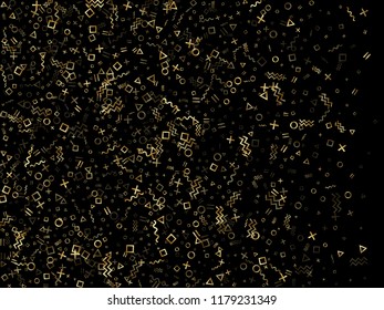 Gold geometric confetti vector memphis style background with triangle, circle, square shapes, chevron and wavy line ribbons. Modern 80s style memphis gold yellow tinsel confetti flying on black.