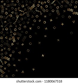 Gold geometric confetti vector memphis style background with triangle, circle, square shapes, chevron and wavy line ribbons. Digital 90s style bauhaus gold sparkle confetti flying on black.