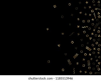 Gold geometric confetti vector memphis style background with triangle, circle, square shapes, zigzag and wavy line ribbons. Festive 80s style bauhaus gold glitter confetti flying on black.