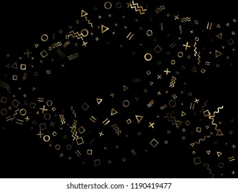 Gold geometric confetti vector memphis style background with triangle, circle, square shapes, chevron and wavy line ribbons. Retro 80s style memphis gold yellow glitter party confetti on black.