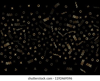 Gold geometric confetti vector memphis style background with triangle, circle, square shapes, chevron and wavy line ribbons. Fancy 80s style memphis gold yellow tinsel confetti flying on black.