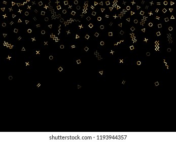 Gold geometric confetti vector memphis style background with triangle, circle, square shapes, chevron and wavy line ribbons. Cool 90s style memphis gold glitter confetti falling on black.