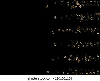 Gold geometric confetti vector memphis style background with triangle, circle, square shapes, chevron and wavy line ribbons. Vintage 90s style memphis gold sparkle confetti falling on black.