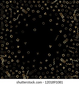 Gold geometric confetti vector memphis style background with triangle, circle, square shapes, chevron and wavy line ribbons. Trendy 80s style bauhaus gold tinsel confetti flying on black.