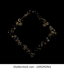 Gold geometric confetti vector memphis style background with triangle, circle, square shapes, chevron and wavy line ribbons. Trendy 90s style memphis gold tinsel party confetti on black.