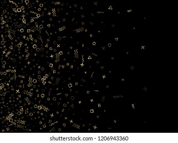 Gold geometric confetti vector memphis style background with triangle, circle, square shapes, chevron and wavy line ribbons. Simple 80s style memphis gold yellow sparkle party confetti on black.