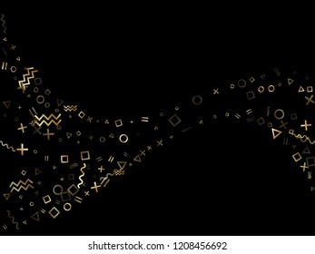 Gold geometric confetti vector memphis style background with triangle, circle, square shapes, chevron and wavy line ribbons. Tech 80s style bauhaus gold yellow glitter party confetti on black.